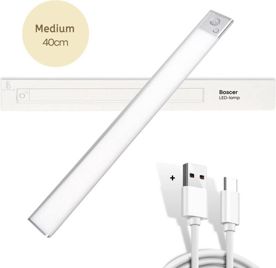 Boscer Led Lamp Bewegingssensor Lichtsensor Magnetisch USB-C Oplaadbaar 40 CM Trapverlichting Keukenlamp Nachtlamp LED Strip