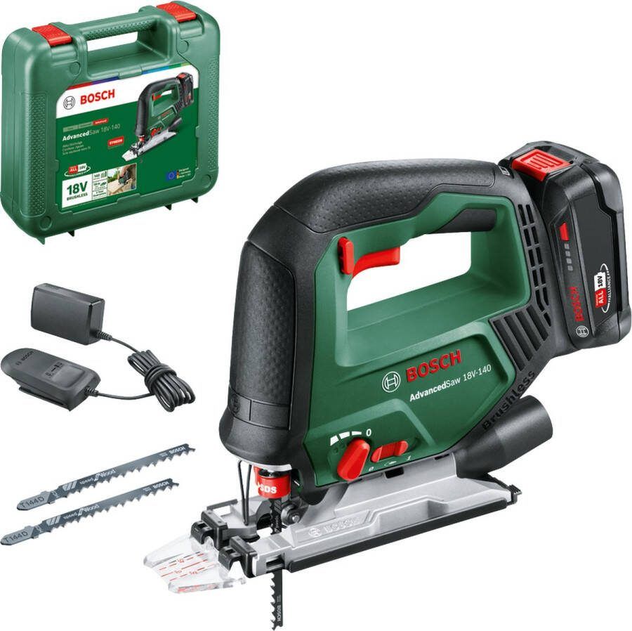 Bosch AdvancedSaw 18V-140 Accudecoupeerzaag Inclusief 3x zaagblad (T144D) Cut control Beschermingsschoen Stofkap Anti-splinterplaat 18 V Li-Ion accu (2.0 Ah) & 1-uurs lader (AL 18V-20)