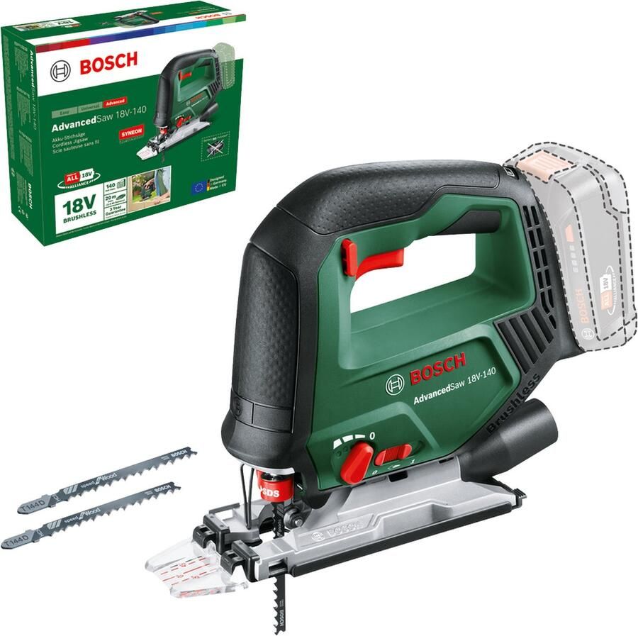 Bosch AdvancedSaw 18V-140 Accudecoupeerzaag Inclusief 3x zaagblad (T144D) Cut control Beschermingsschoen Stofkap Anti-splinterplaat Exclusief lader en 18 V Li-Ion accu