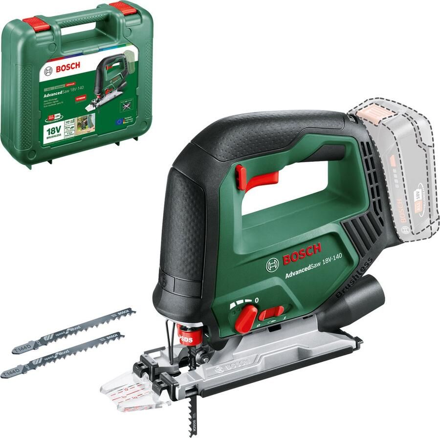 Bosch AdvancedSaw 18V-140 Accudecoupeerzaag Inclusief 3x zaagblad (T144D) Cut control Beschermingsschoen Stofkap Anti-splinterplaat