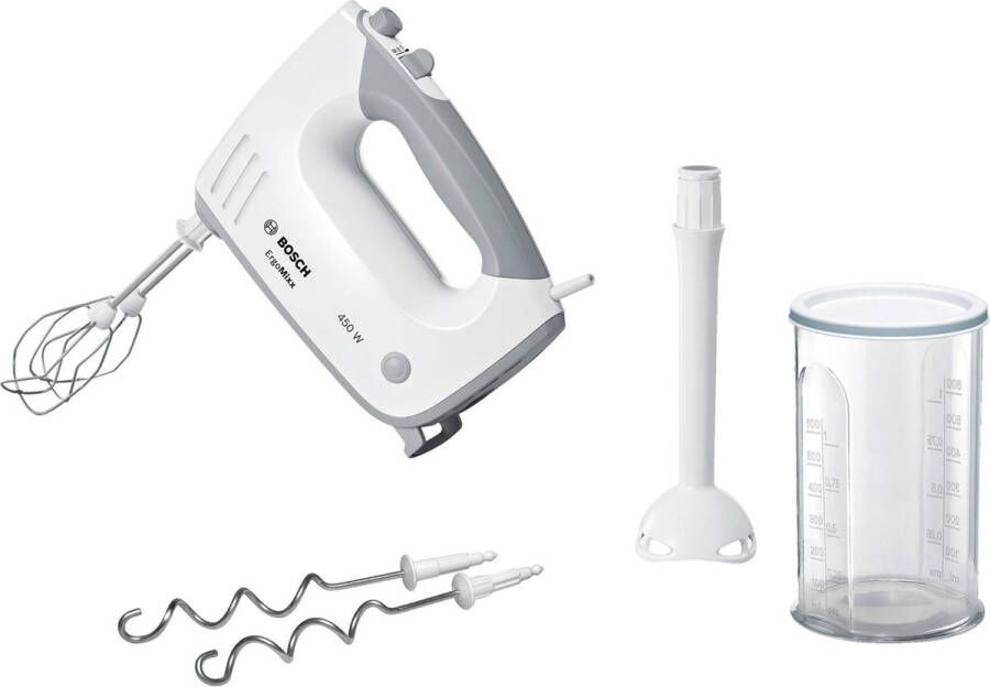 BOSCH Handmixer ErgoMixx MFQ36440 5 standen plus turbofunctie 2 roergardes 2 edelstalen deeghaken pureerstaaf beker wit