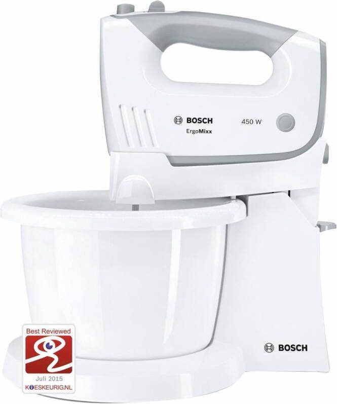BOSCH Handmixer ErgoMixx MFQ36460 Handmixer 2 roergardes 2 edelstalen deeghaken mengkom plus houder wit