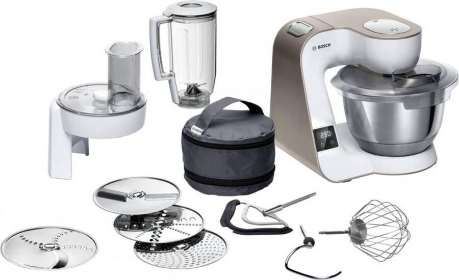 BOSCH Keukenmachine MUM5XW20 MUM5 geïntegreerde weegschaal professionele patisserieset continu rasp- en snijapparaat 3 raspschijven mixer wit champagne