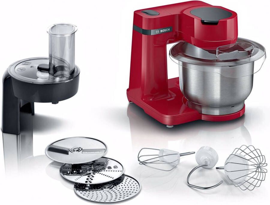 BOSCH Keukenmachine MUMS2ER01 MUM Serie 2 MUM serie 2 700 W 3 8 l edelstalen schaal veelzijdig te gebruiken continu rasp- en snijapparaat inclusief 3 edelstalen schijven patisserieset rood