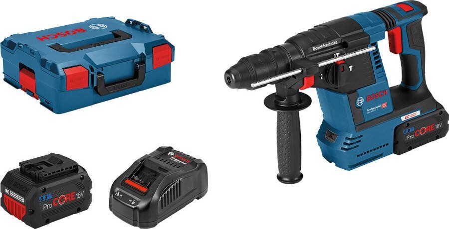 Bosch Professional Accu boorhamer GBH 18V-26 F 2 x 8 0 Ah ProCORE Lader GAL 1880 CV wisselboorhouder SDS-plus snelwisselboorhouder diepteaanslag 210 mm extra handgreep machinedoek