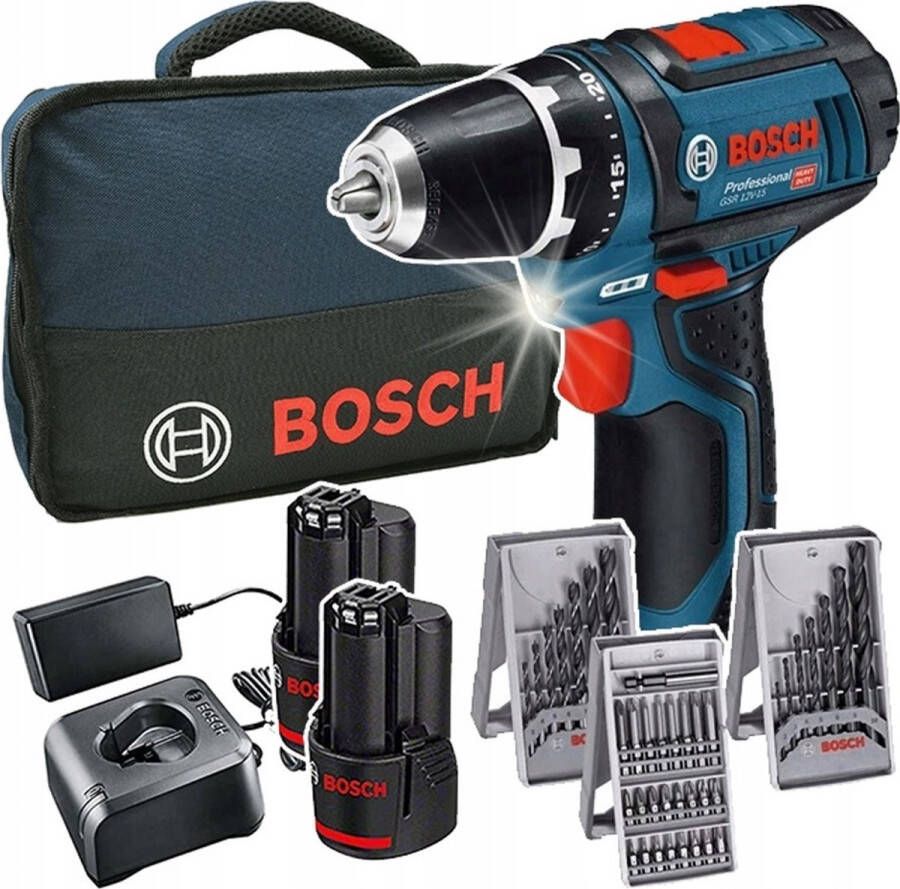 Bosch Professional Accu schroefboormachine GSR 12V-15 (2x 2 0Ah + lader AL 1115 CV + 39 accessoires + toolbag)