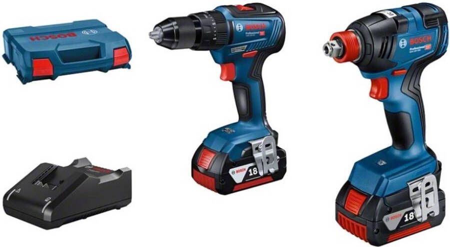 Bosch Professional BOSCH BLAUW COMBOPACK GSB 18V-55 ACCU SCHROEF-KLOPBOORMACHINE + GDX 18V-200 SLAG(MOER)SCHROEVENDRAAIER | 2 X 4.0AH ACCU'S + LADER 06019J2208