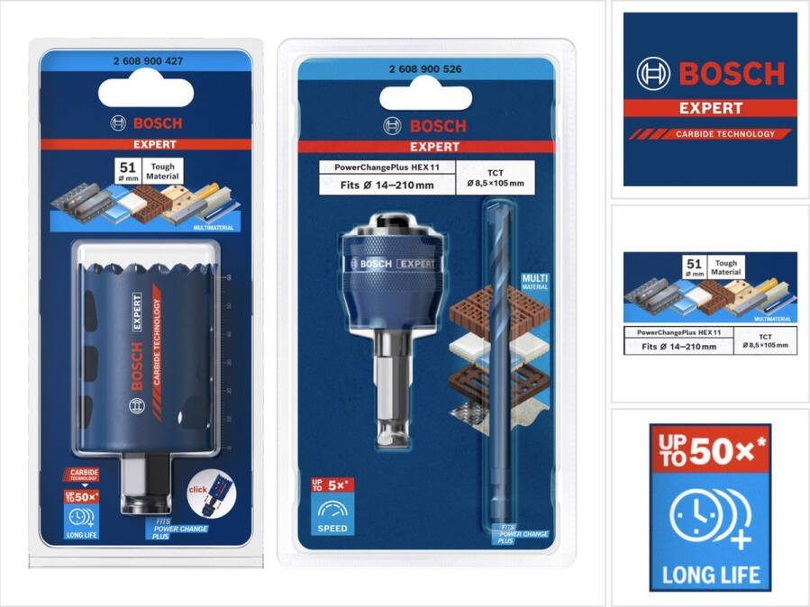 Bosch Professional Bosch EXPERT Zaagstarter voor ruw materiaal 51 x 60 mm hardmetaal ( 2608900427 ) Universeel + Power-wisseladapter ( 2608900526 )