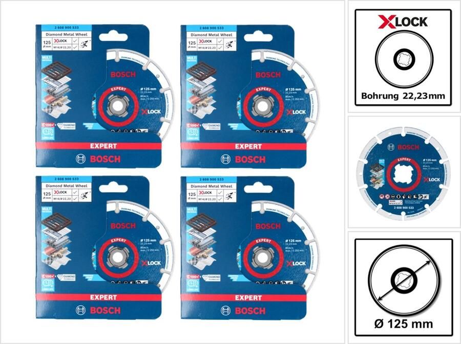 Bosch Professional Bosch X-LOCK diamantmetaaldoorslijpschijf 125 x 22 23 mm ( 4x 2608900533 ) Expert 4 st. voor X-LOCK haakse slijper