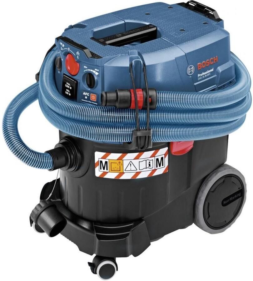 Bosch Professional Stofzuiger GAS 35 M AFC (NL+LUX) (3 x zuigbuis verchroomd 0 35 m afvoerzak bochtstuk slang 5 m Ø 35 mm antistatisch met gereedschapsmof spleetmondstuk 250 mm vlakke vouwfilter PES vloerzuigmondset)