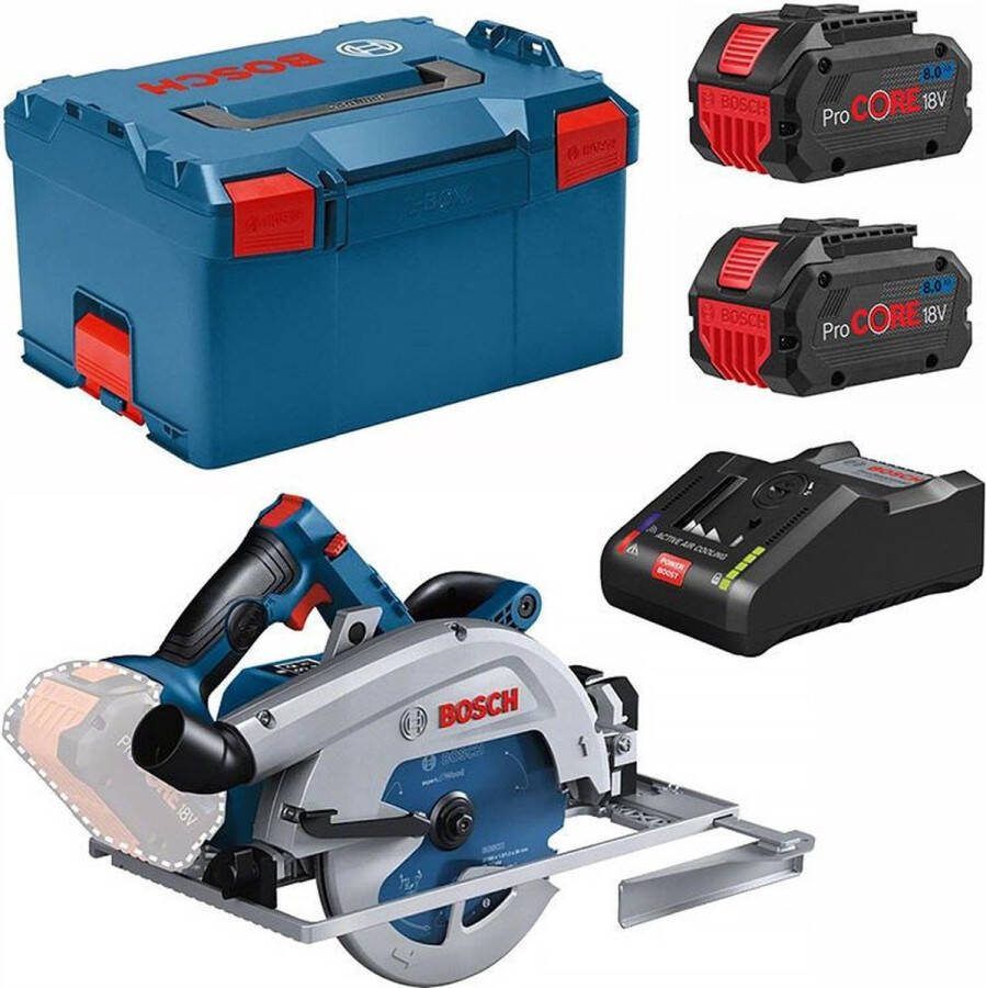 Bosch Professional GKS 18V-68 GC Cirkelzaag BITURBO Met 2x 18V (8.0 Ah) en lader Incl. zaagblad en parallelgeleider in L-Boxx