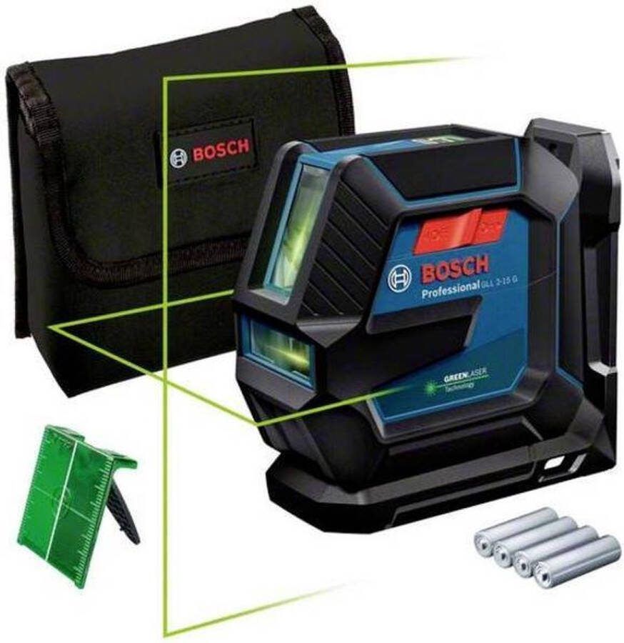 Bosch Professional GLL 2-15 G Kruislijnlaser Groen Incl Opbergtas Batterijen Laserrichtbord