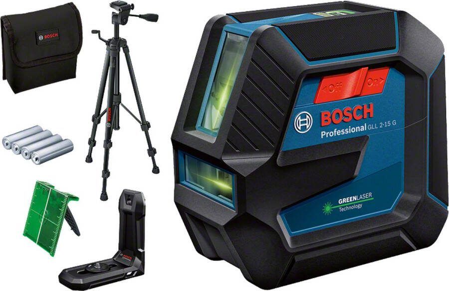 Bosch Professional GLL 2-15 G Groene Kruislijnlaser Incl Statief Opbergtas Batterijen Laserrichtbord Universele houder