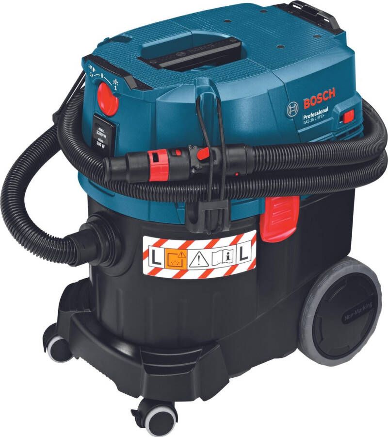 Bosch Professional Stofzuiger GAS 35 L SFC + (NL+LUX) (3 x zuigbuis verchroomd 0 35 m afvoerzak bochtstuk SFC+-module slang 3 m Ø 35 mm met gereedschapsmof spleetmondstuk 250 mm vlakke vouwfilter cellulose vloerzuigmondset)