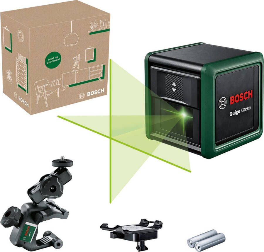 Bosch Quigo Green Kruislijnlaser Inclusief Universele klem MM2 Adapter plaat Batterijen