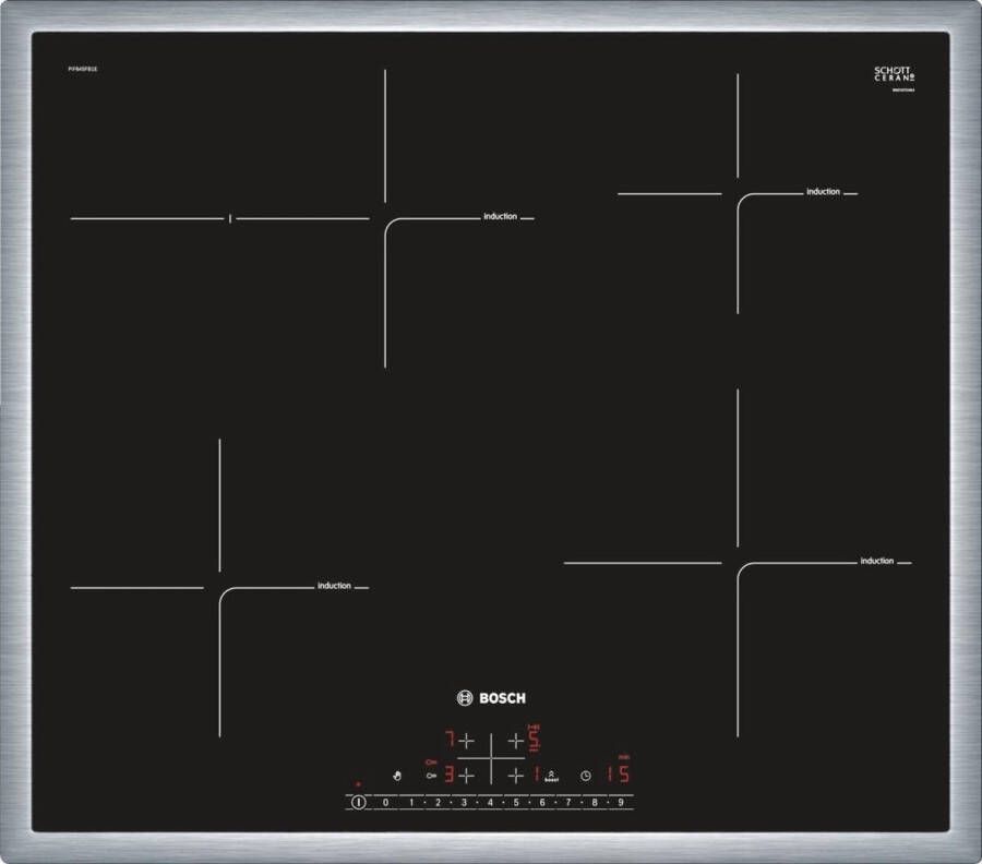 Bosch Serie 6 PIF645FB1E plaque Noir Acier inoxydable Intégré (placement) Plaque avec zone à induction 4 zone(s)