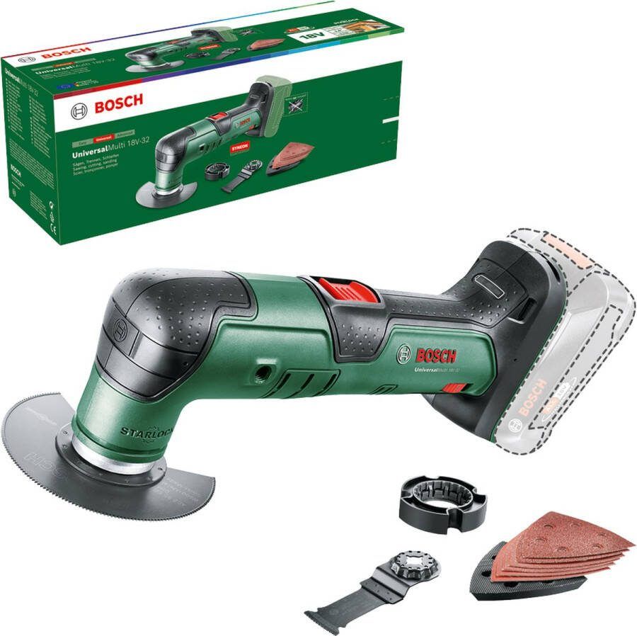 Bosch UniversalMulti 18V-32 Multitool Inclusief 6 vellen schuurpapier segmentzaagblad invalzaagblad dieptestop en schuurvoet Exclusief lader en accu