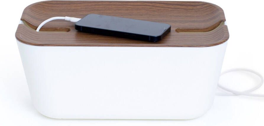 Bosign Kabelbox Opbergbox – medium – Wit Satijn Mat Donker Hout 30 x 18 x 13.8 cm