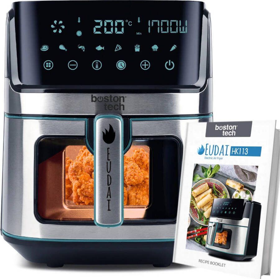 Boston Tech HK113 4 in 1 Airfryer XXL Heteluchtfriteuse Kijkvenster & Binnenverlichting 8 Kookprogramma's LED Touchscreen Inc. Receptenboek 6.5 Liter (Groot) 1700W