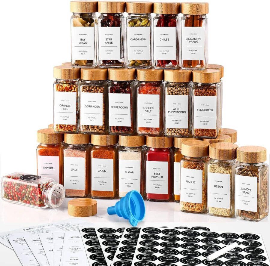 BOTC 24 Glazen Kruidenpotjes Set Bamboe Deksel Kruidenstrooier Spice Jars incl 372 Nederlands Kruidenpotjes Stickers en 72 blanco Stickers Krijtstift en Accessoires 120ml