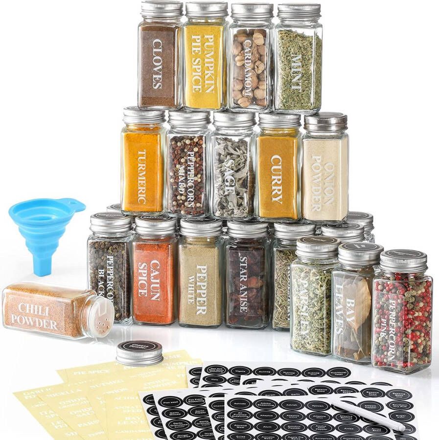 BOTC 24 Glazen Kruidenpotjes Set Kruidenpotjes Vierkant met RVS Deksel Kruidenstrooier Compleet Pakket incl Kruidenpotjes Stickers Krijtstift en Accessoires 120ml