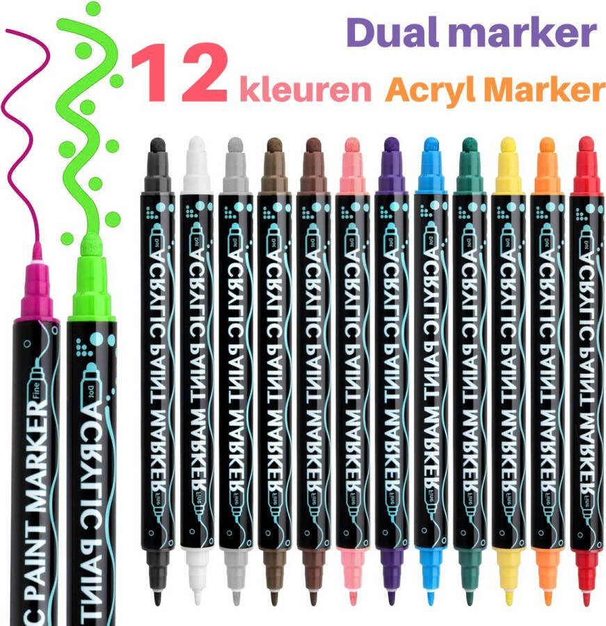 BOTC Acrylstiften Dual-Tip markers 12 kleuren Verfstiften set Acryl Stiften
