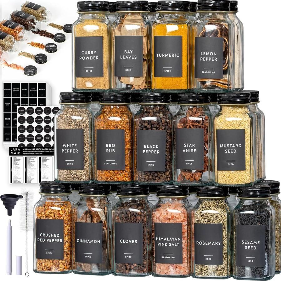 BOTC 24 Glazen Kruidenpotjes Set Kruidenstrooier met Zwarte Deksel Spice Jars Complete Set incl 372 Nederlands Kruidenpotjes Stickers en 72 blanco Stickers 120ml Zwart