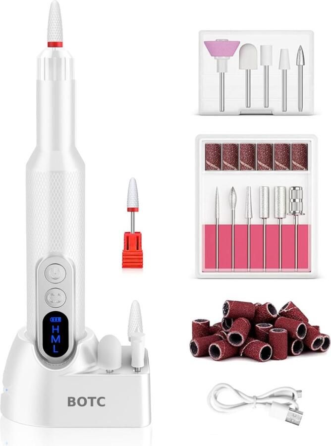 BOTC Elektrische Nagelvijl met Oplaadstation Nagelfrees Draadloos en Oplaadbaar Nagelvijl Manicure & Pedicure set Wit