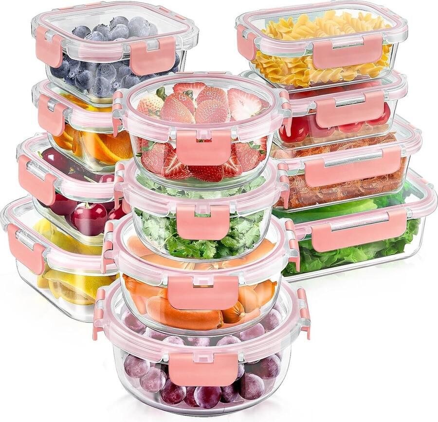 BOTC Vershoudbakjes Glas Meal Prep Bakjes 12 Delige set Luchtdicht BPA Vrij Vershouddoos van glas BPA Vrije Roze