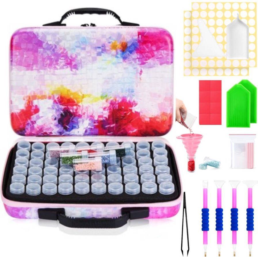 BOTC Diamond Painting Opbergdoos 60 Potjes PU Sorteerkoffer Hobbypakket Accessoires Roze
