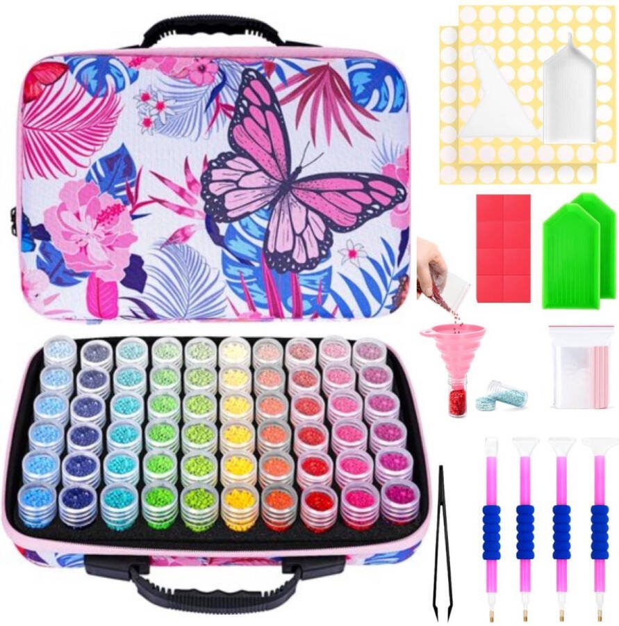 BOTC Diamond Painting Opbergdoos 60 Potjes Sorteerkoffer Hobbypakket Accessoires Roze vlinder