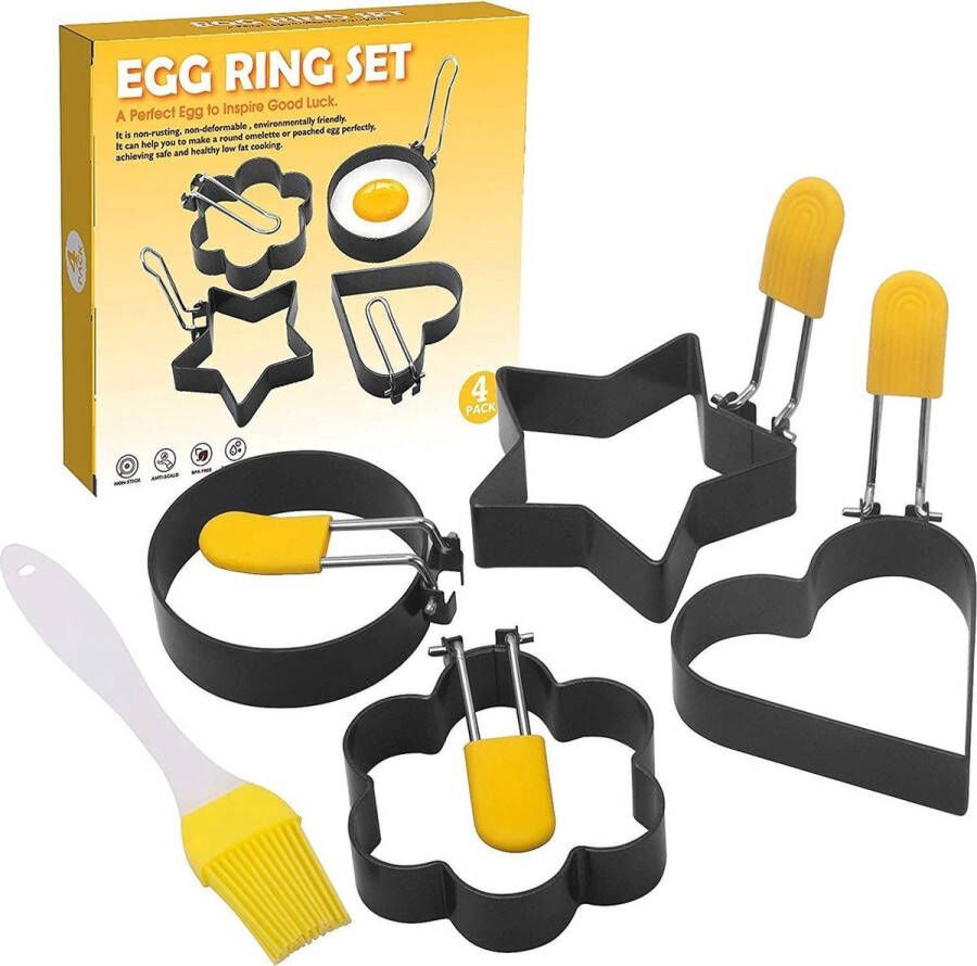 BOTC Ei vormpje RVS Fried Egg Mold + Een Gratis Bakborstel Gebakken Ei Pancake 4 stuks set