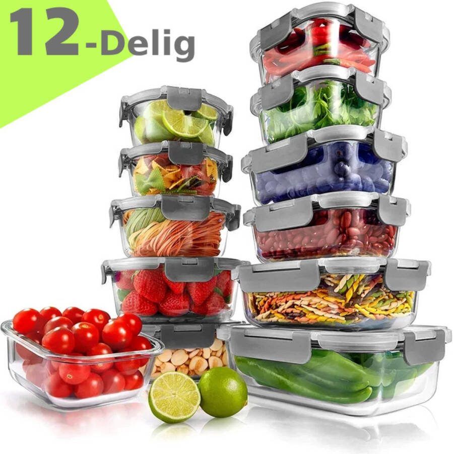 BOTC Glazen Vershoudbakjes Meal Prep Bakjes 12 Delige set Glas Diepvries Bakjes BPA Vrije Magnetronbakjes Met Deksel