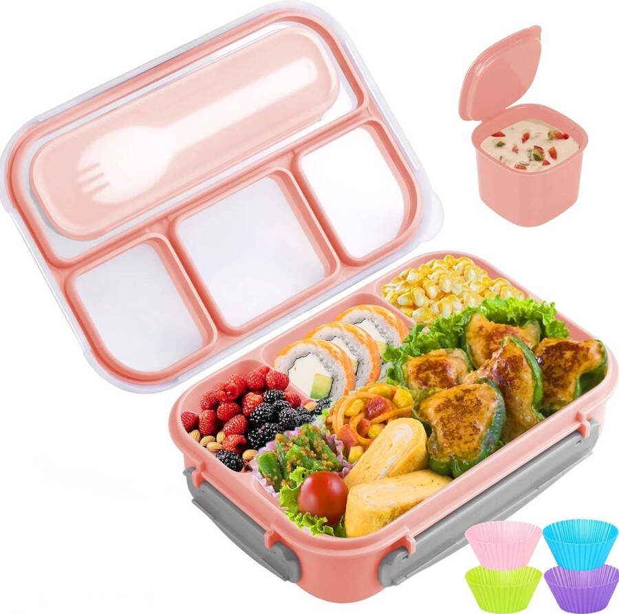 BOTC Lunchbox Broodtrommel voor kinderen en volwassen Bevat vork cakevormpjes en sauscontainer Lichtblauw 1.3L Roze