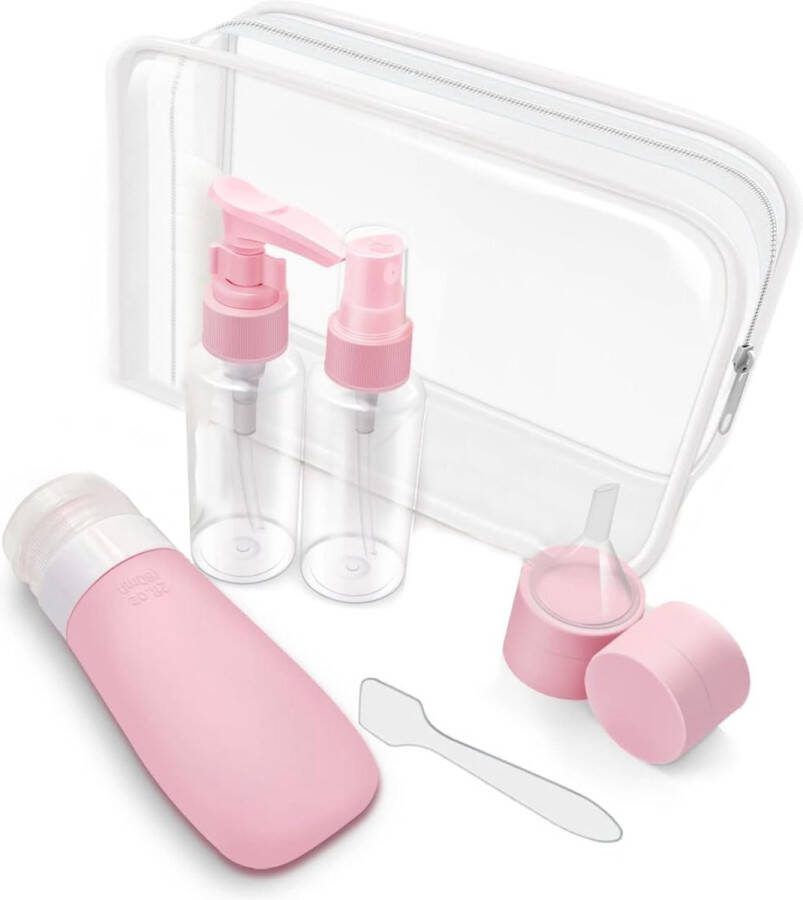 BOTC Reisflesjes met Etui 8-Delig Reisflacons reisaccessoires Roze Transparant