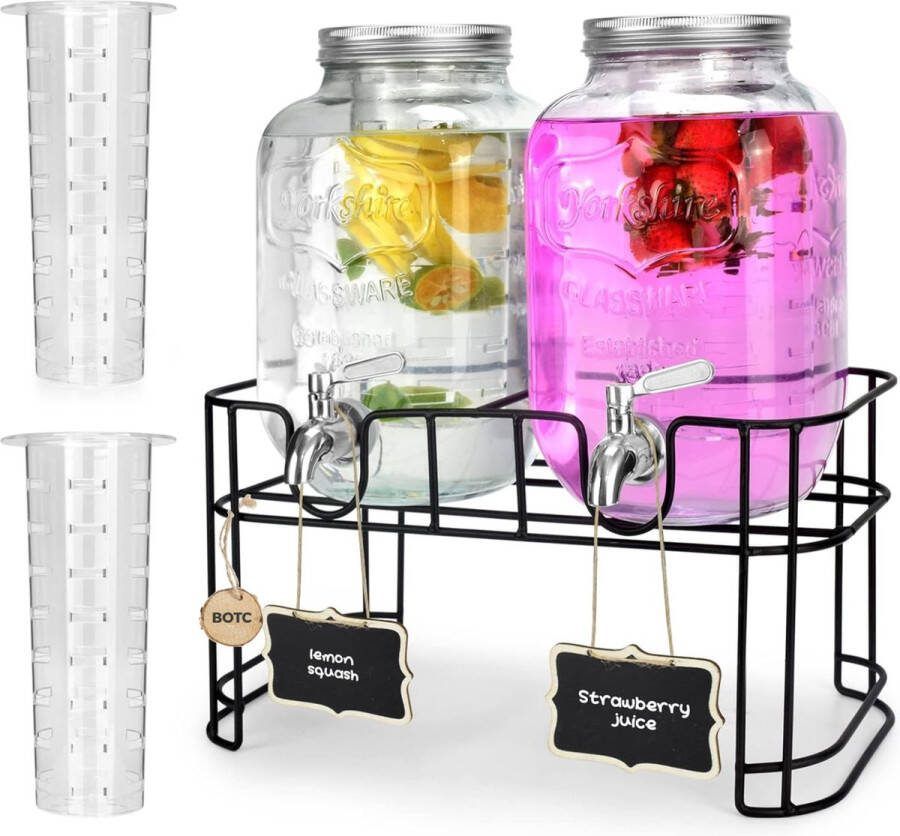 BOTC Sapdispenser set op standaard Dubbele Drankdispenser 2x3.7L Glazen Drankdispensers