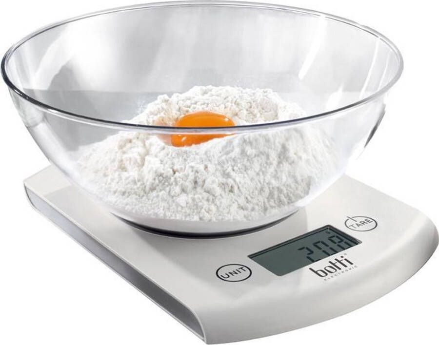 Botti Bowl Keukenweegschaal Digitaal Afneembare kom 2L Wegen tot 5 kg 1 gram nauwkeurig Wit Transparant