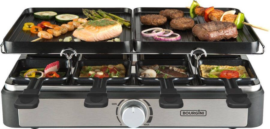 Bourgini Gourmet Gourmetstel 8 personen Gourmetset en elektrische grill met regelbare thermostaat Raclette functie voor kaas Inclusief 8 pannetjes en houten spatels
