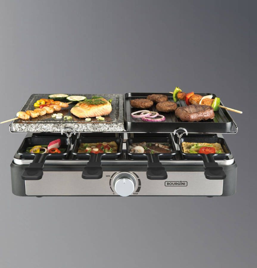 Bourgini Gourmet Gourmetstel 8 personen Gourmetset en Steengrill met regelbare thermostaat Raclette functie voor kaas Inclusief 8 pannetjes en houten spatels