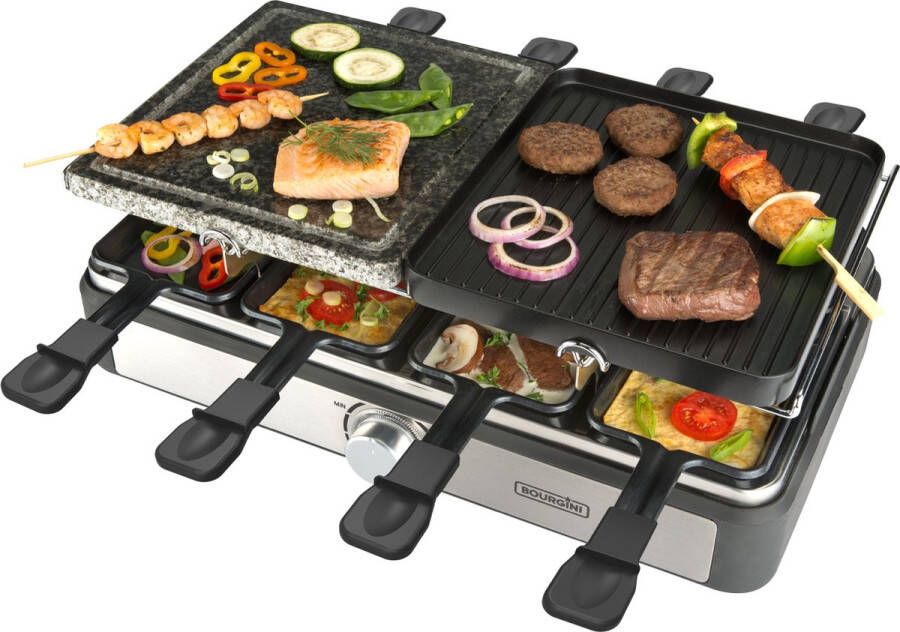 Bourgini Gourmet Gourmetstel 8 personen Gourmetset en Steengrill met regelbare thermostaat Raclette functie voor kaas Inclusief 8 pannetjes en houten spatels