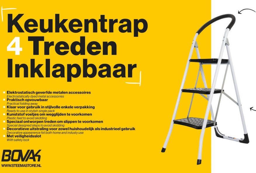 Bovak keukentrap 4 treden inklapbare huishoudtrap Anti slip inklapbaar opvouwbaar keukenopstapje