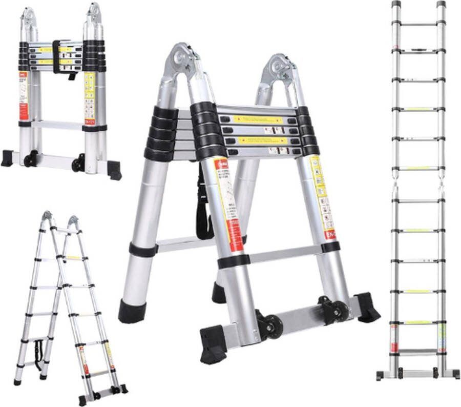 BOWEITI Telescoopladder Verstelbaar Van 3.2M Tot 3.8M Telescopische Vouwladder Telescopische Ladder Inklapbaar Soft Close Verstelbaar