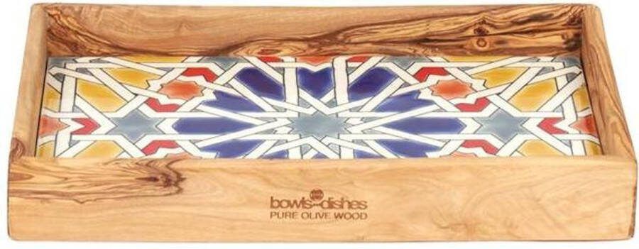 Bowls and Dishes Bowls&Disches Olijfhouten dienblad met siertegel geel 22 x 32 cm
