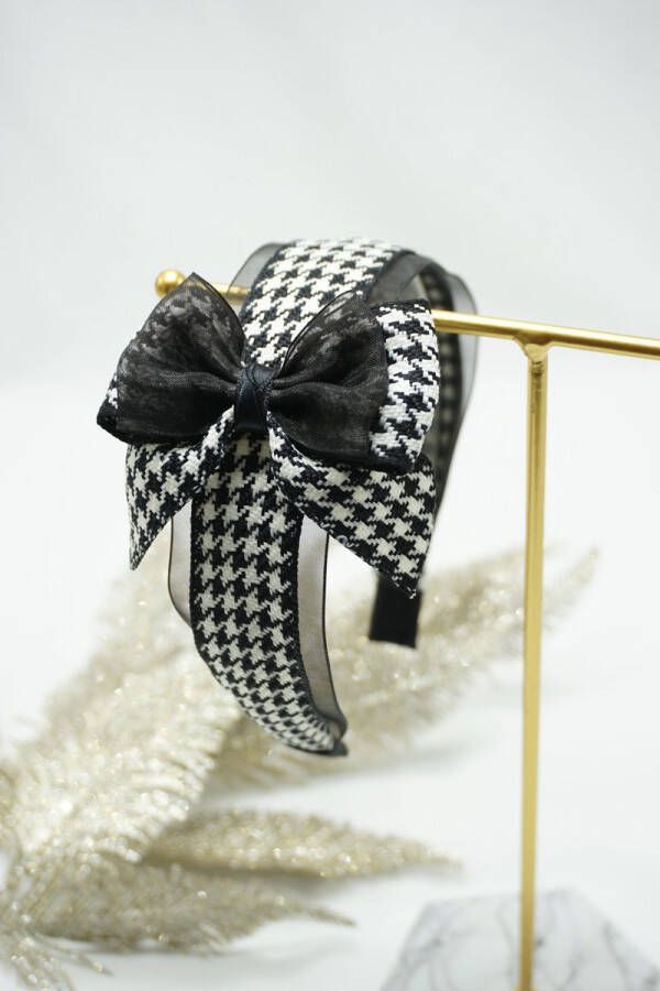 Bows and Flowers Haarband Pied de Poule Kleur Zwart Wit Luxe Haarstrik