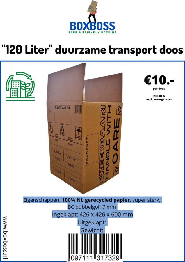 Boxboss Transportdoos 120 liter- Large verhuisdoos BIG gerecycled karton duurzaam