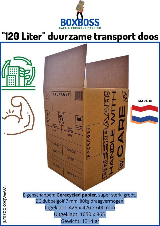 Boxboss Verhuisdozen 120 liter transportdoos groot sterk stevig duurzaam zeevracht