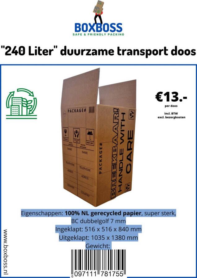 Boxboss Transportdoos 240 liter- Extra Large verhuisdoos GIANT gerecycled karton duurzaam