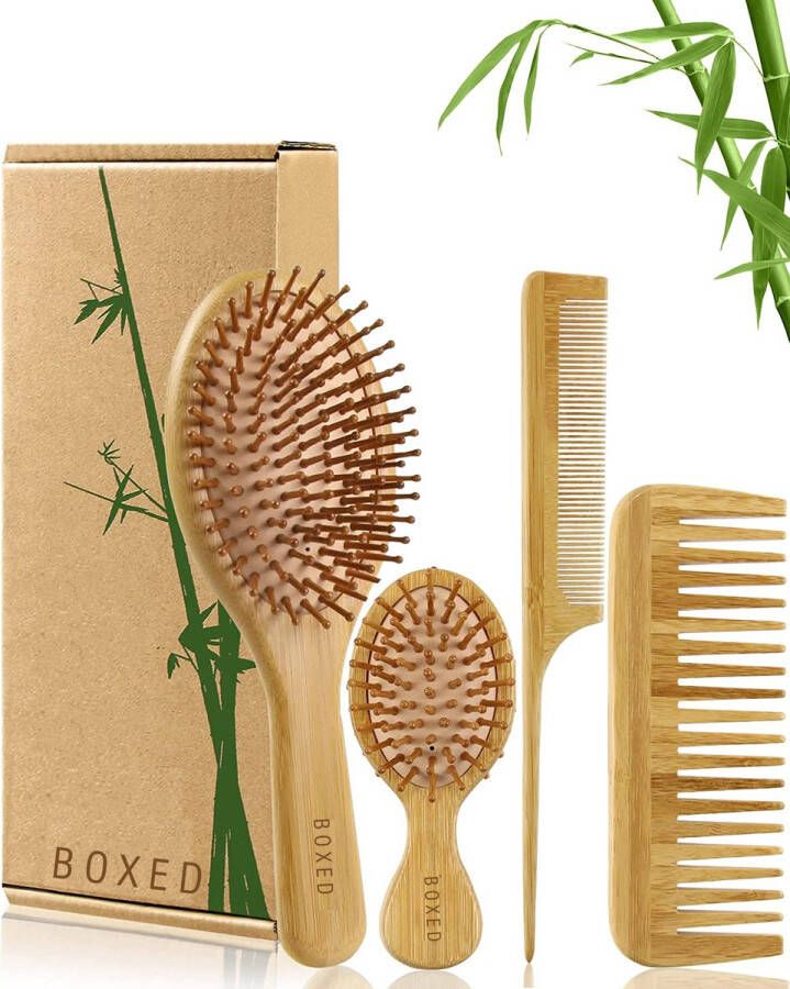 Boxed Bamboe Haarborstel en Kam Set Hoofdhuid Massage Borstel Hoofdmassage Haargroei Versneller Milieuvriendelijk Alle Haartypen Verschillende Maten