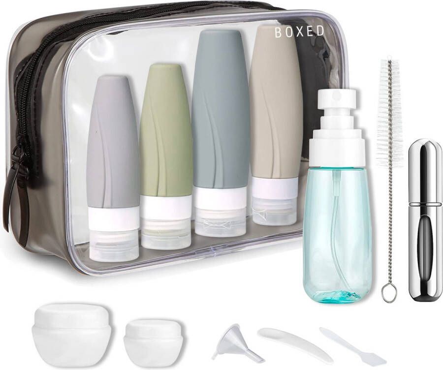 Boxed Reisflesjes met Etui Reisset Siliconen Reisflacons Reisaccessoires Toilettas Transparant Vliegtuig Handbagage Incl. Parfumverstuiver Navulbaar