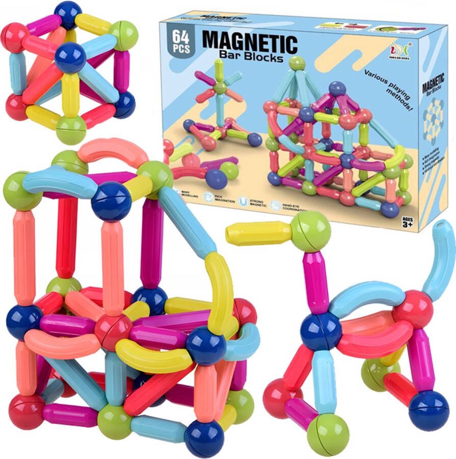 BPgoods Magnetisch speelgoed Magnetic sticks 64 delig Constructiespeelgoed STEM Speelgoed Montessori Speelgoed Magnetische Bouwblokken Constructie Speelgoed Educatief Speelgoed Magnetic Toys Educatief Speelgoed